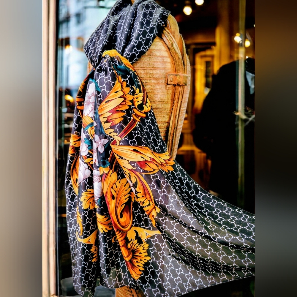 Oversized Black Baroque Print Silk-Like Scarf/Shawl/Hijab/Beach Cover Up NWOT - Picture 9 of 12